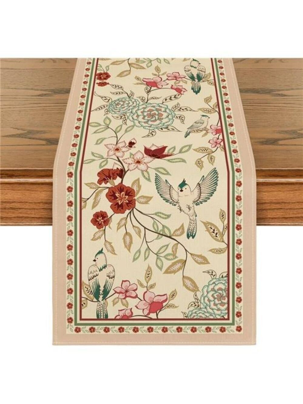 Spring floral table runner with brown birds and blossom print dining room decor